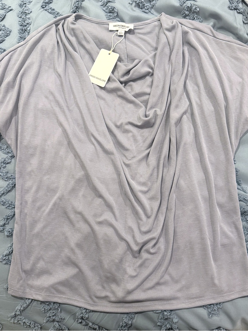 Green Envelope Soft gray/blue Draped Cowl Short Sleeve Top